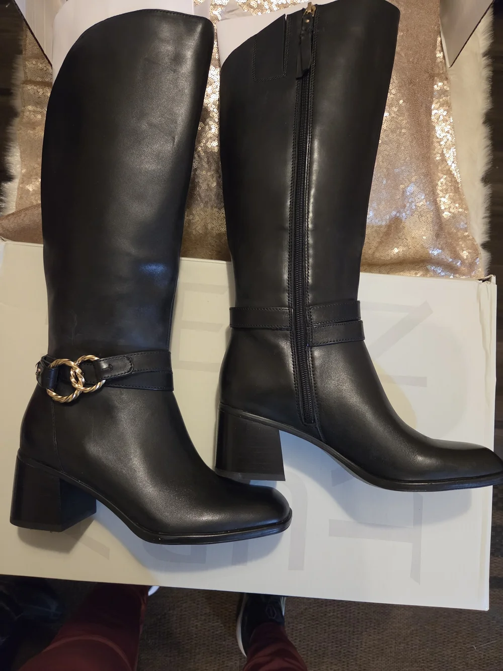 Naturalizer Black Over-the-Knee Leather Boots with Chain Accent